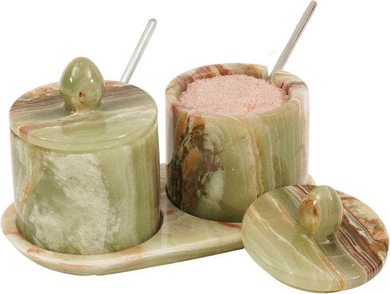 MARBLE RANGE Marble Salt Cellar with Lid and tray 4 Inch Green Onyx Handmade Salt Container, Set of 2 Seasoning Jars, Spice Storage Containers for Kitchen Countertop, Sugar Bowl - Image 1
